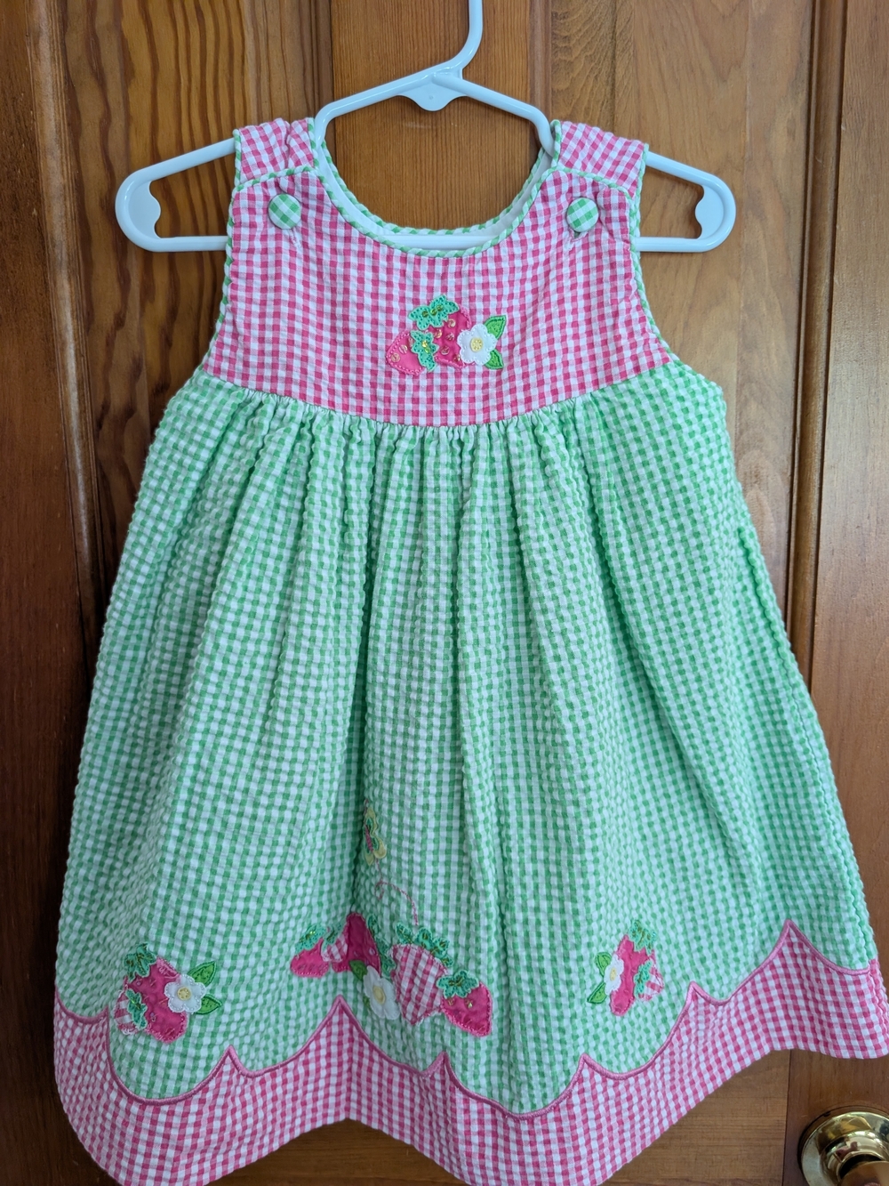 Pink and Green Gingham Appliqué Sleeveless Kids Dress